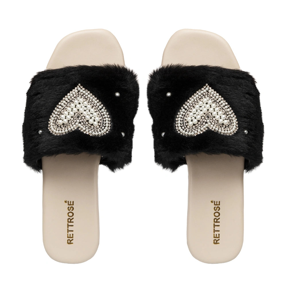 The Luxe Pearl Heart Black Fur Embellished Flats