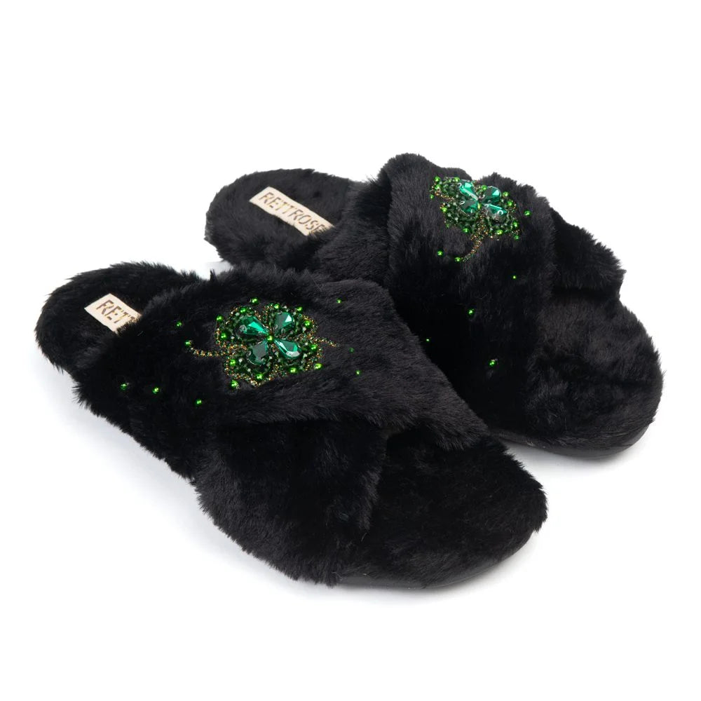 The Emma Noir Luxury Fluffy Embellished Slippers