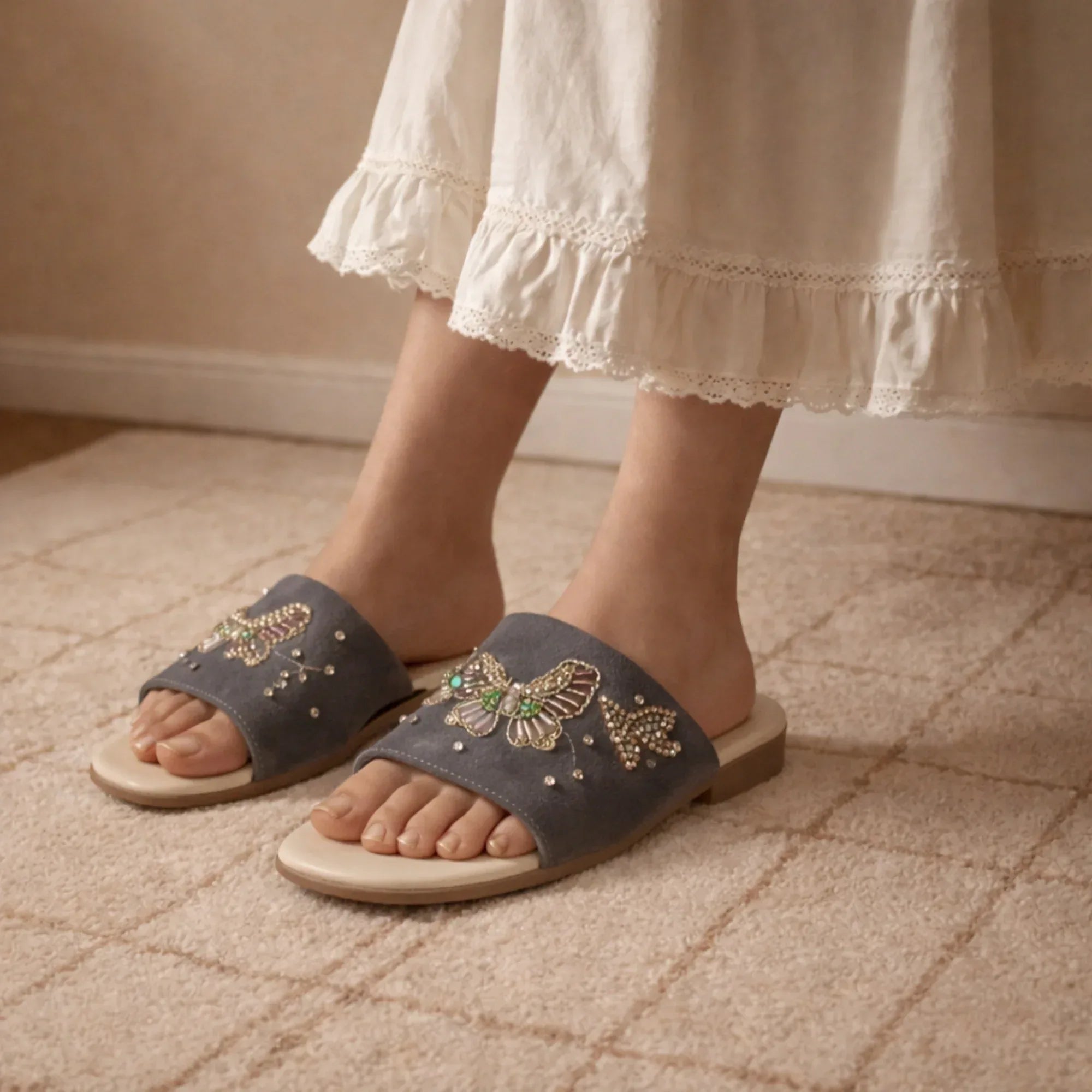 The Starlit Butterfly Grey Embellished Flats