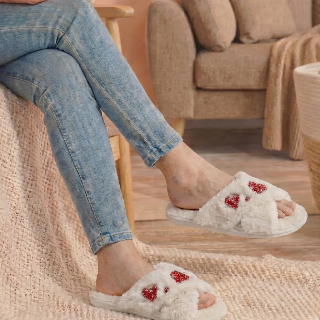 The Kaylee Cream Luxury Plush Diamante Embellished Slippers