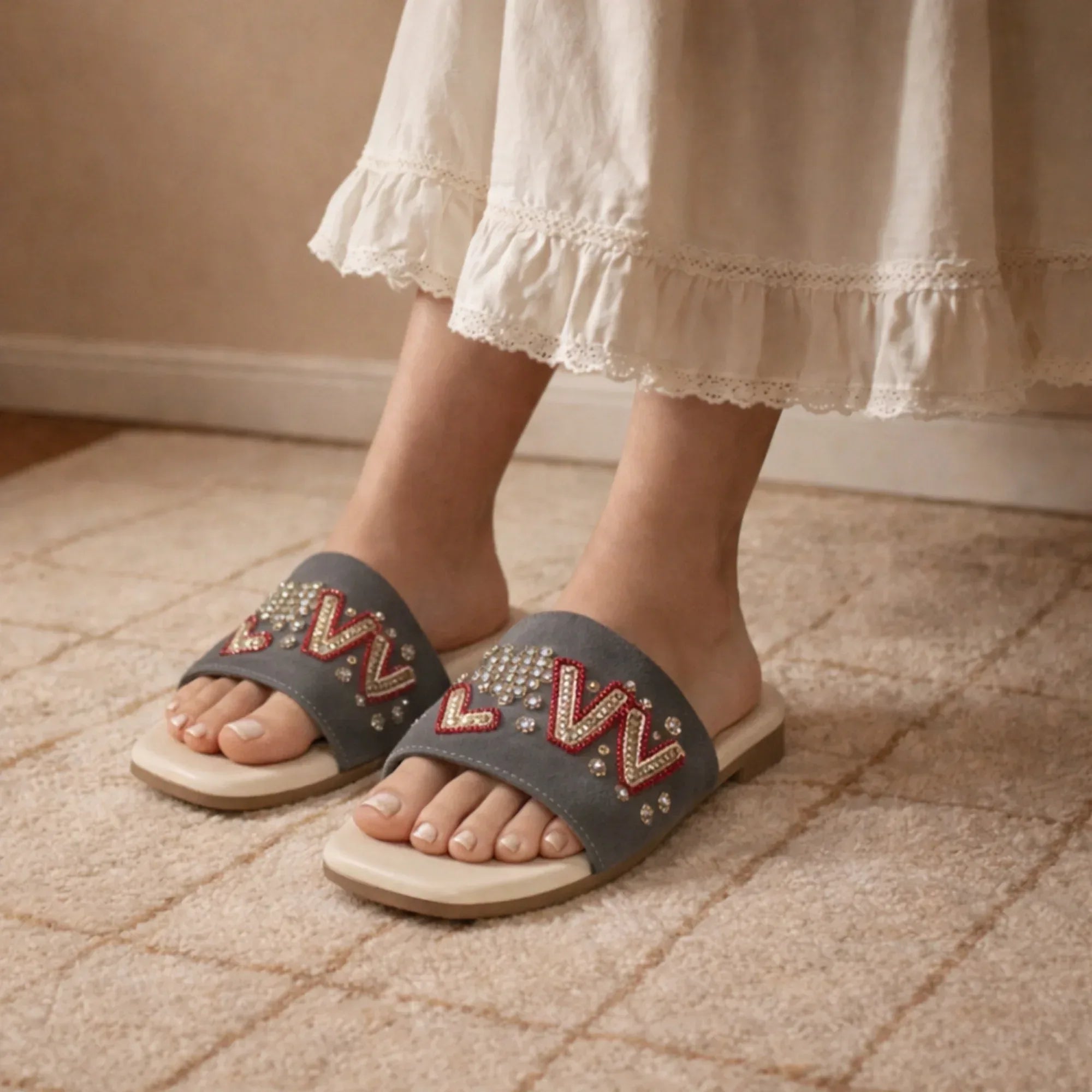 The Valentina Lush Grey Embellished Flats