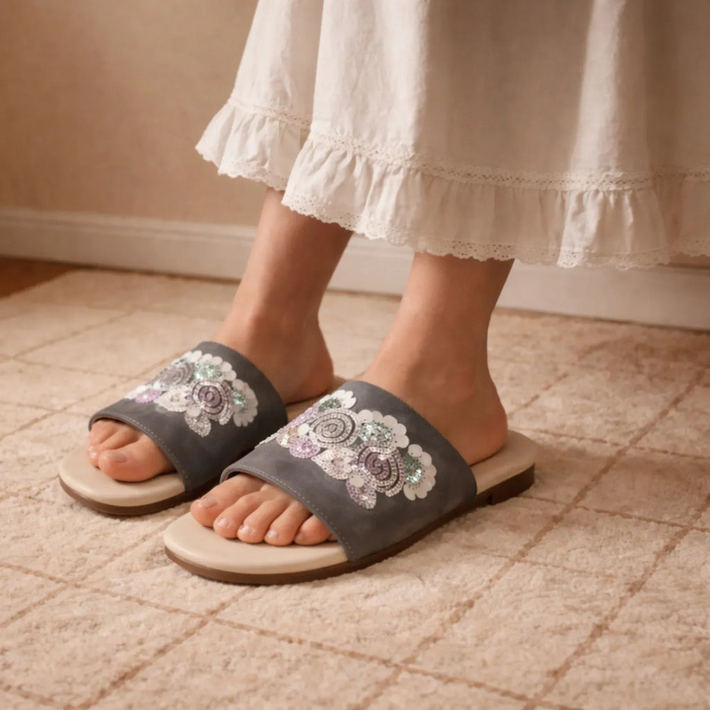 The Fleur Dusk Floral Grey Embellished Flats