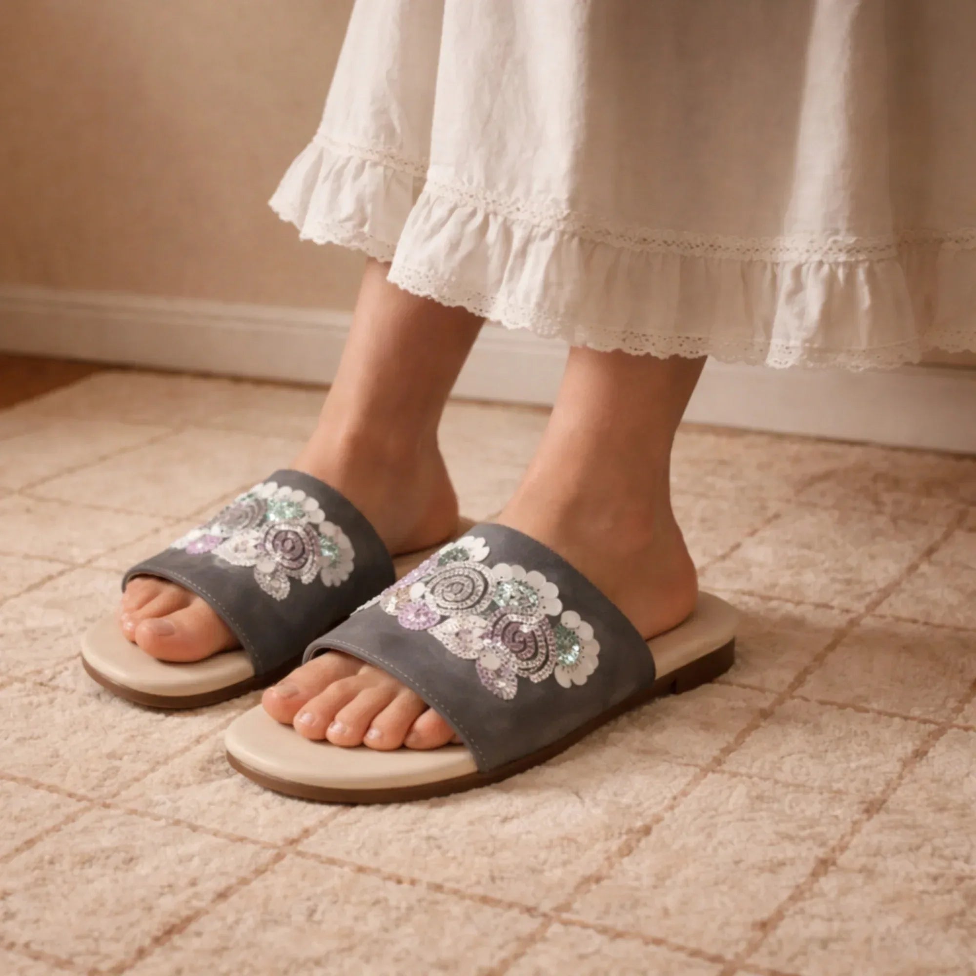 The Fleur Dusk Floral Grey Embellished Flats