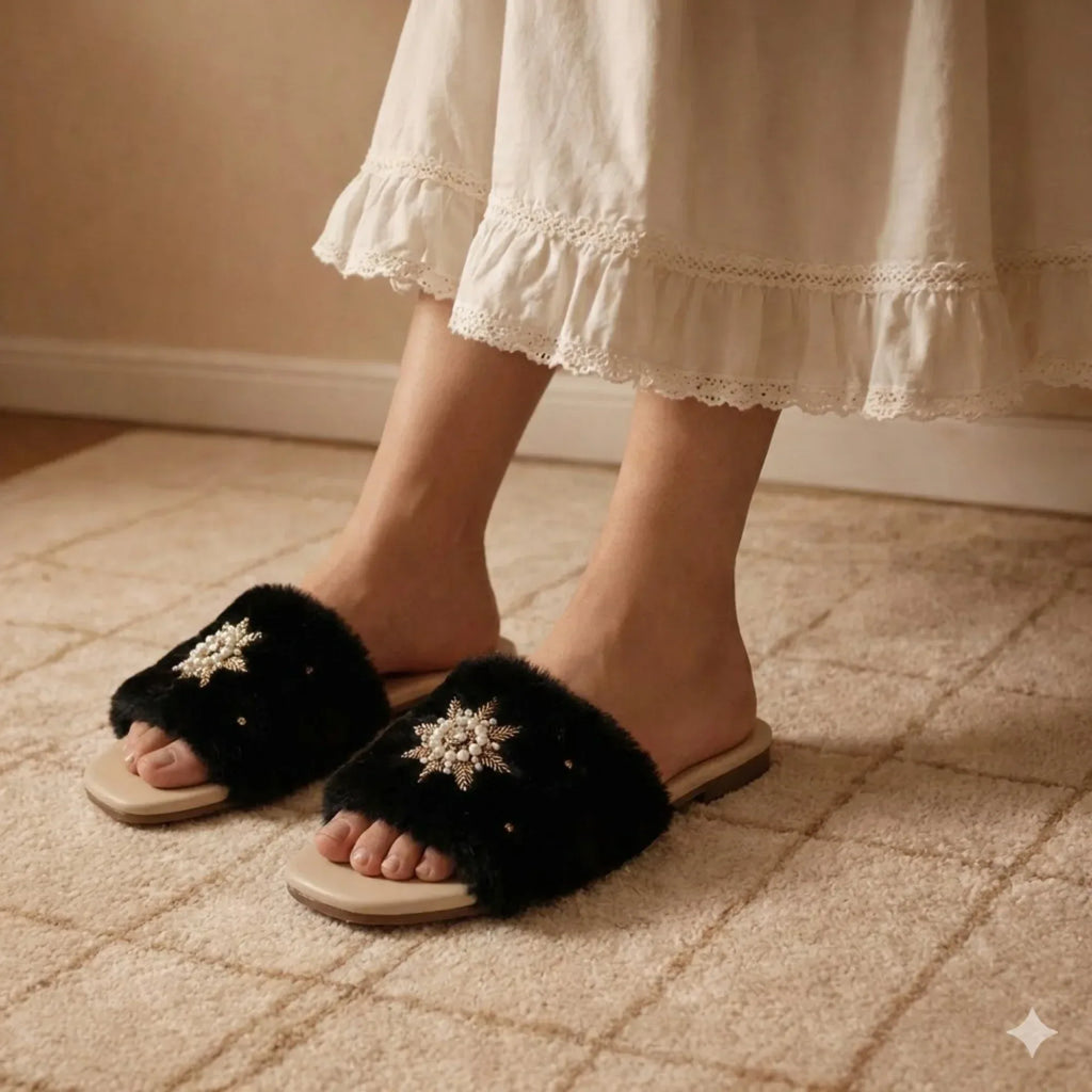 The Luxe Midnight Star Black Fur Embellished Flats