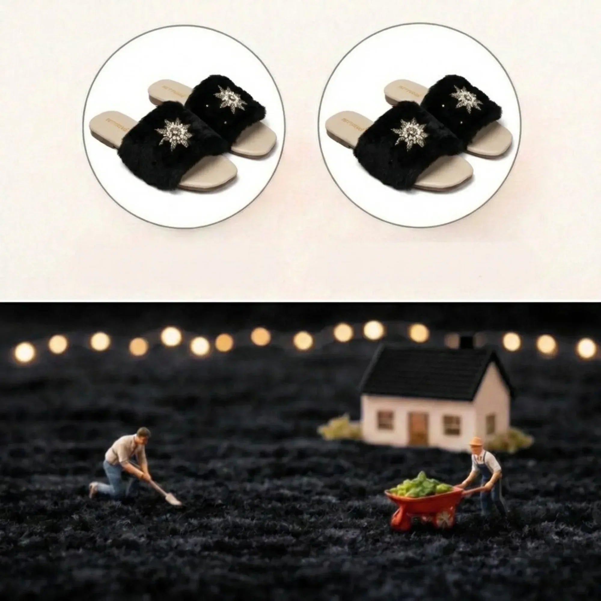 The Luxe Midnight Star Black Fur Embellished Flats