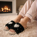 The Luxe Pearl Heart Black Fur Embellished Flats