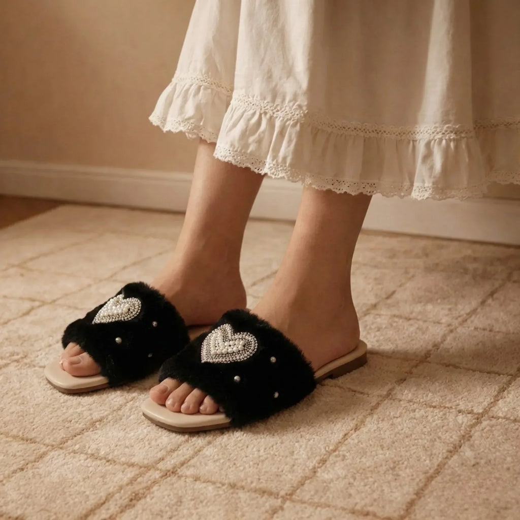 The Luxe Pearl Heart Black Fur Embellished Flats