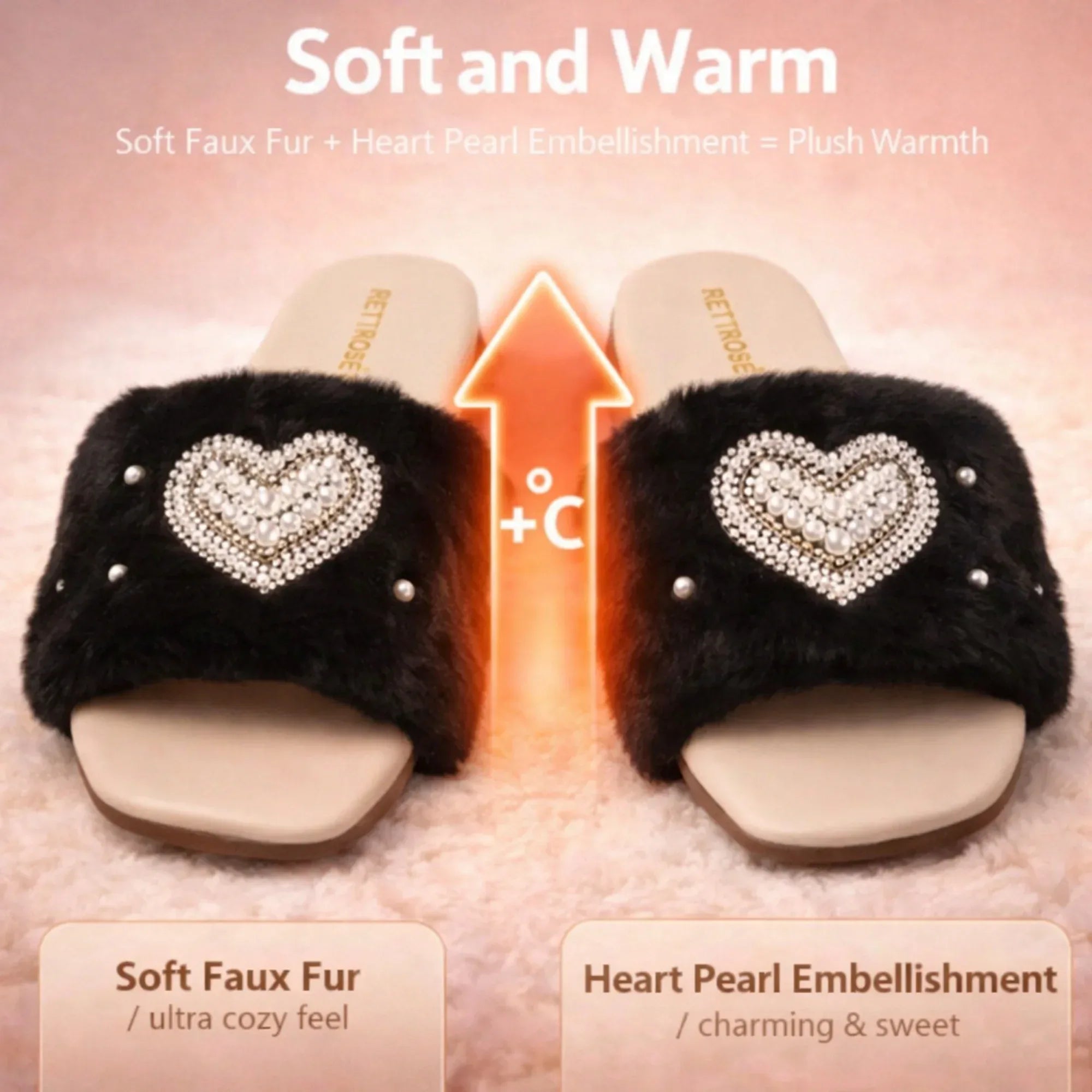 The Luxe Pearl Heart Black Fur Embellished Flats