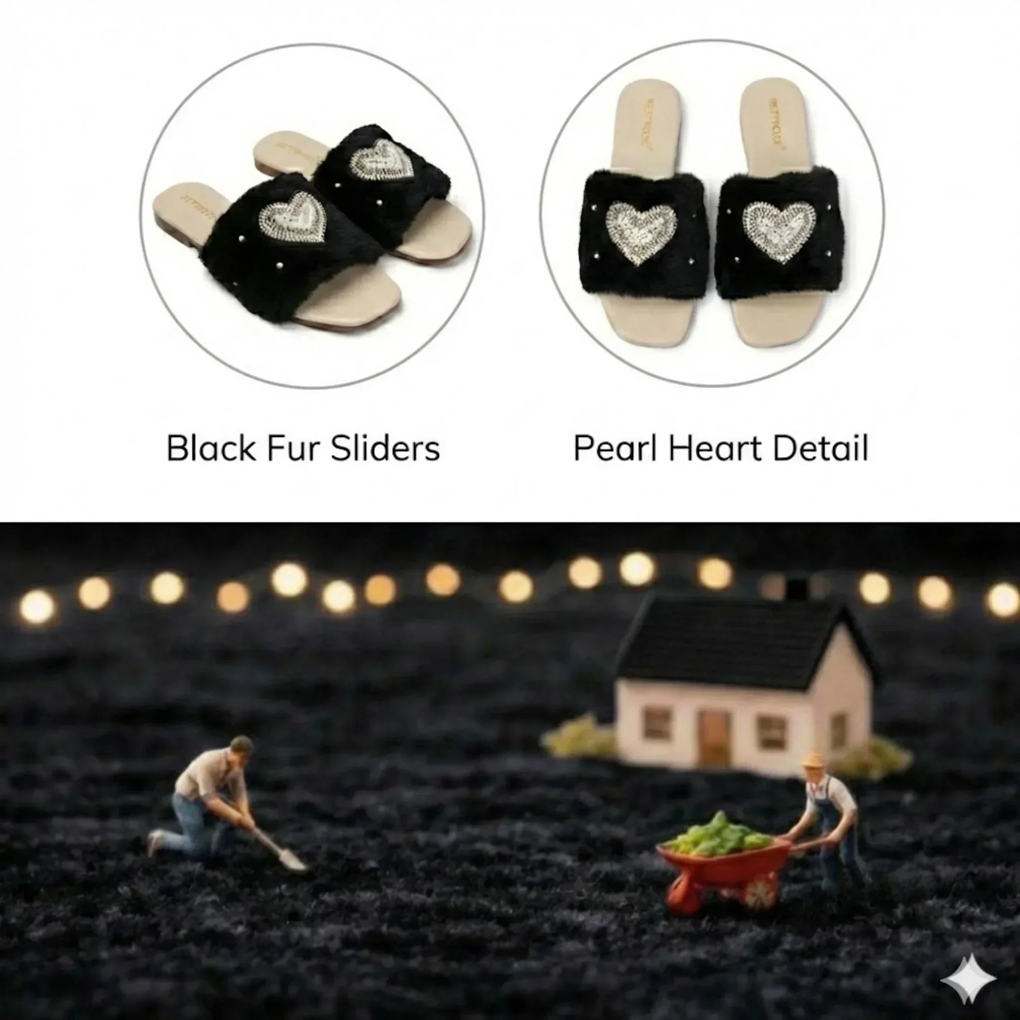 The Luxe Pearl Heart Black Fur Embellished Flats