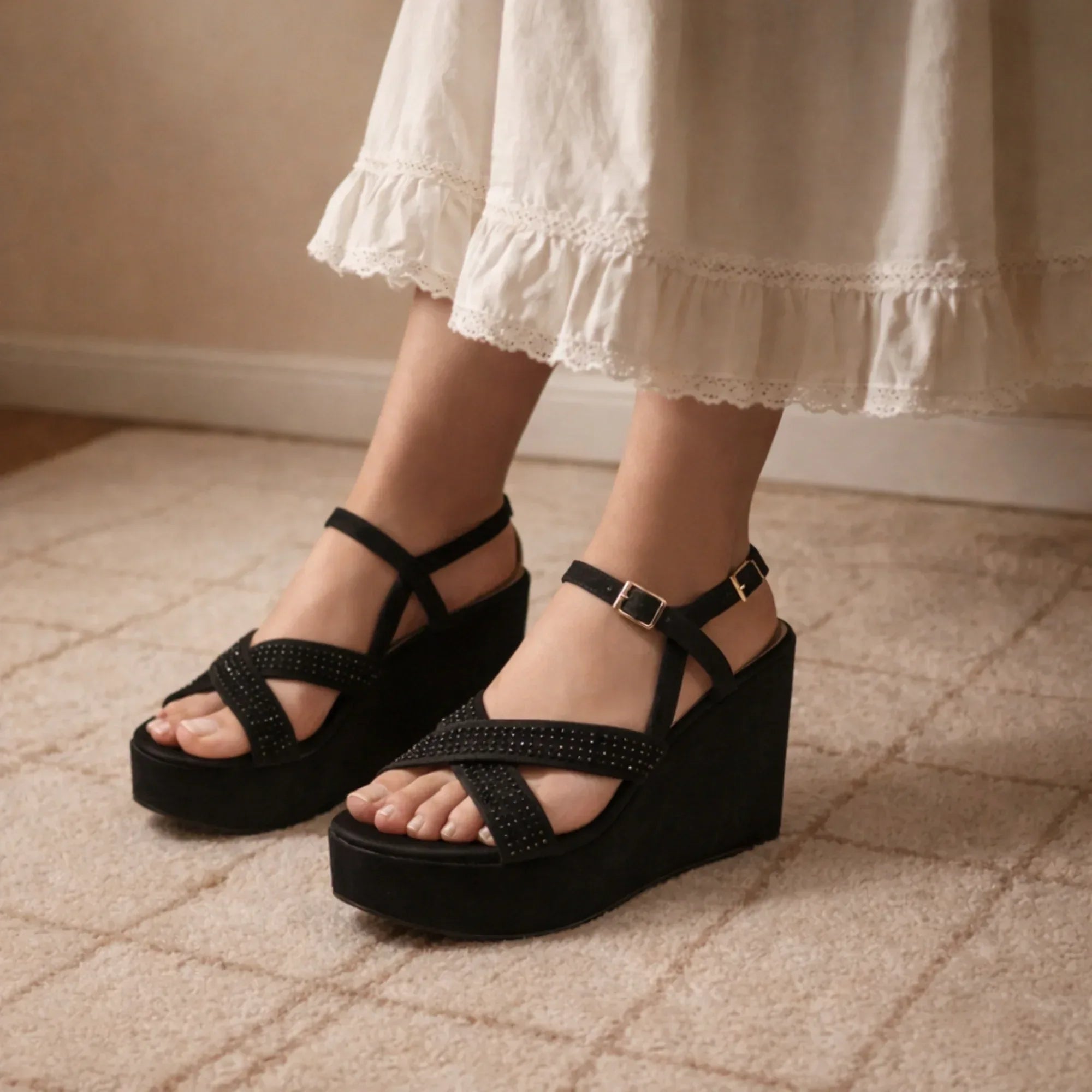 The Genesis Black Hand Embellished Luxury Wedge Shoe