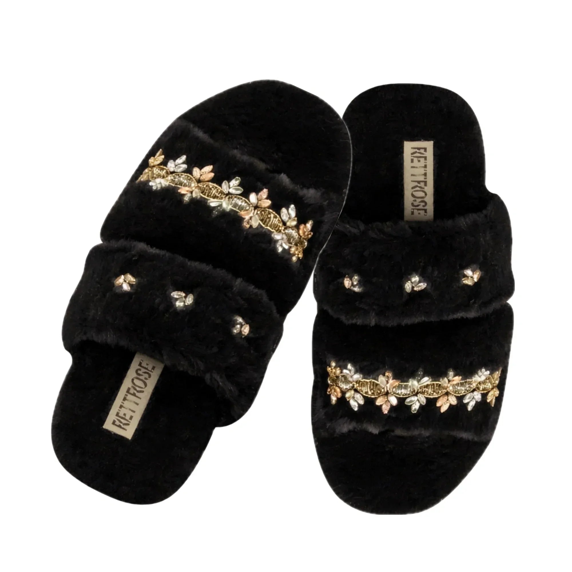 The Faith Black Luxury Fluffy Embellished Slippers