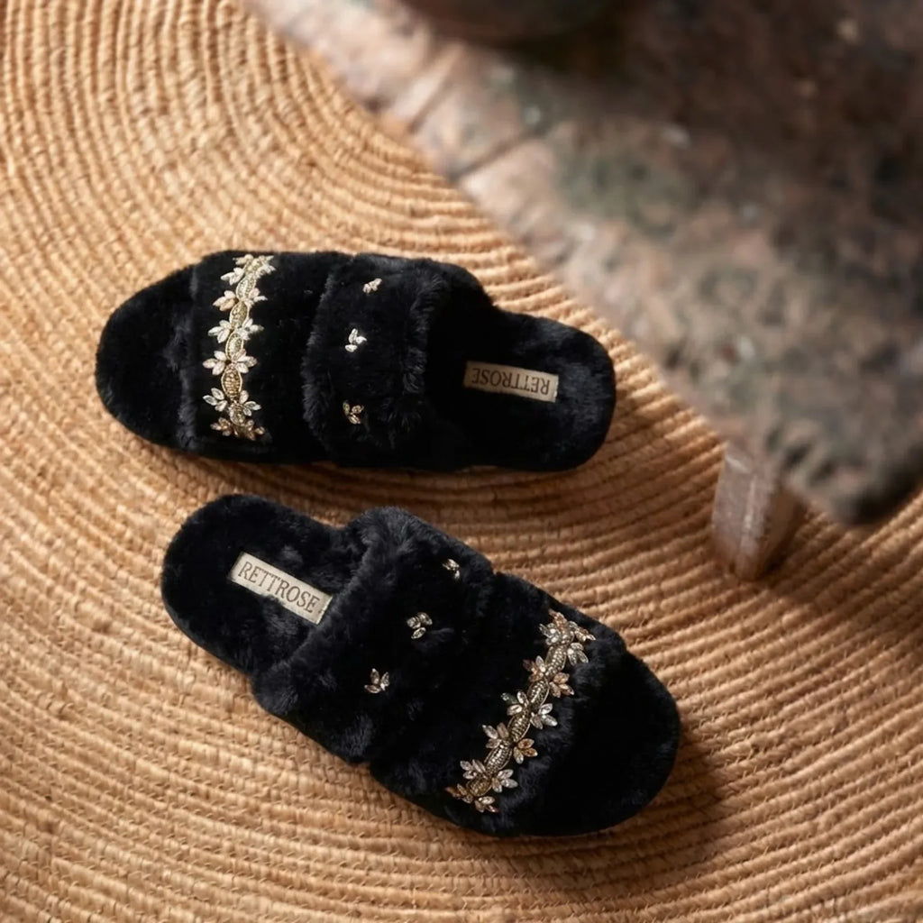 The Faith Black Luxury Fluffy Embellished Slippers