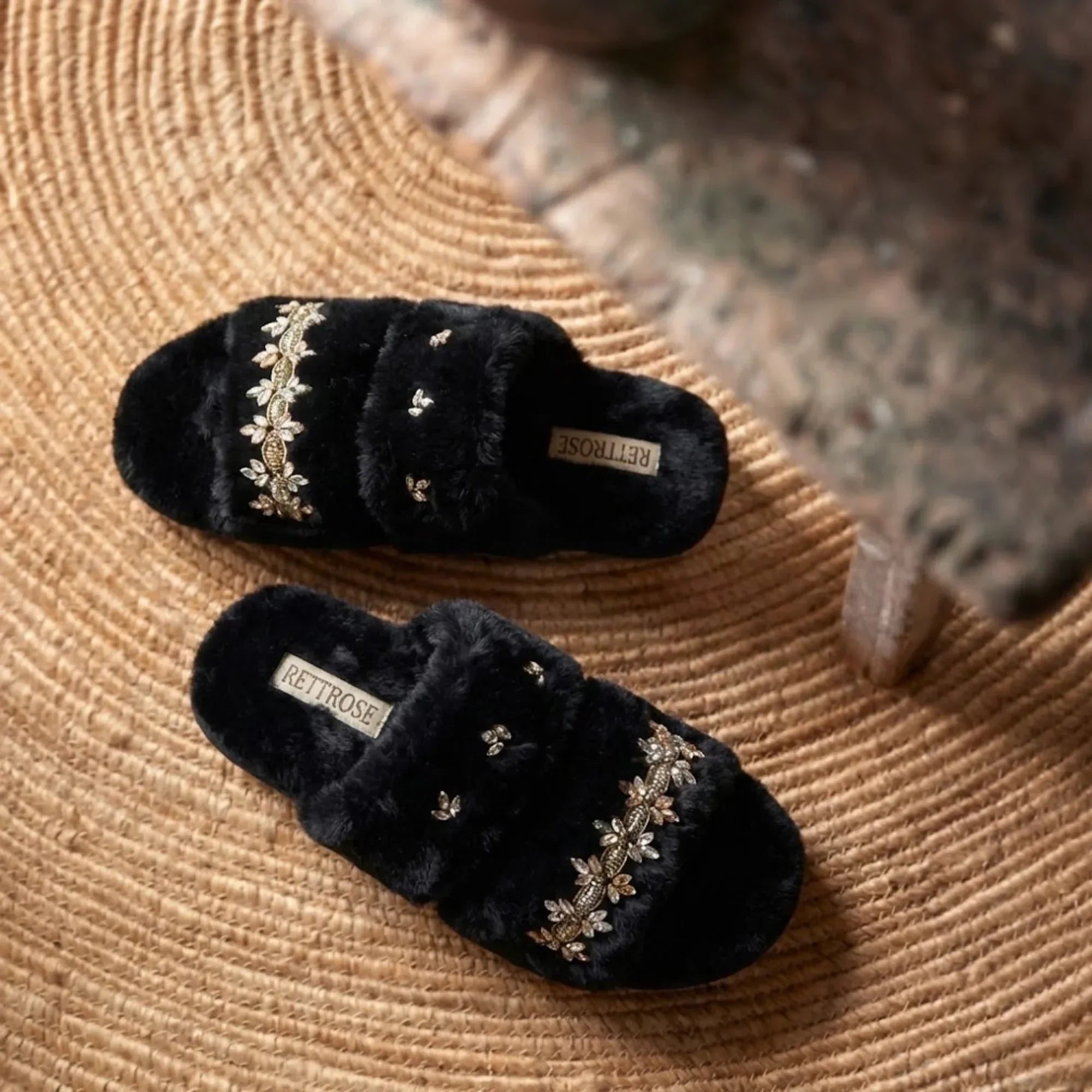 The Faith Black Luxury Fluffy Embellished Slippers
