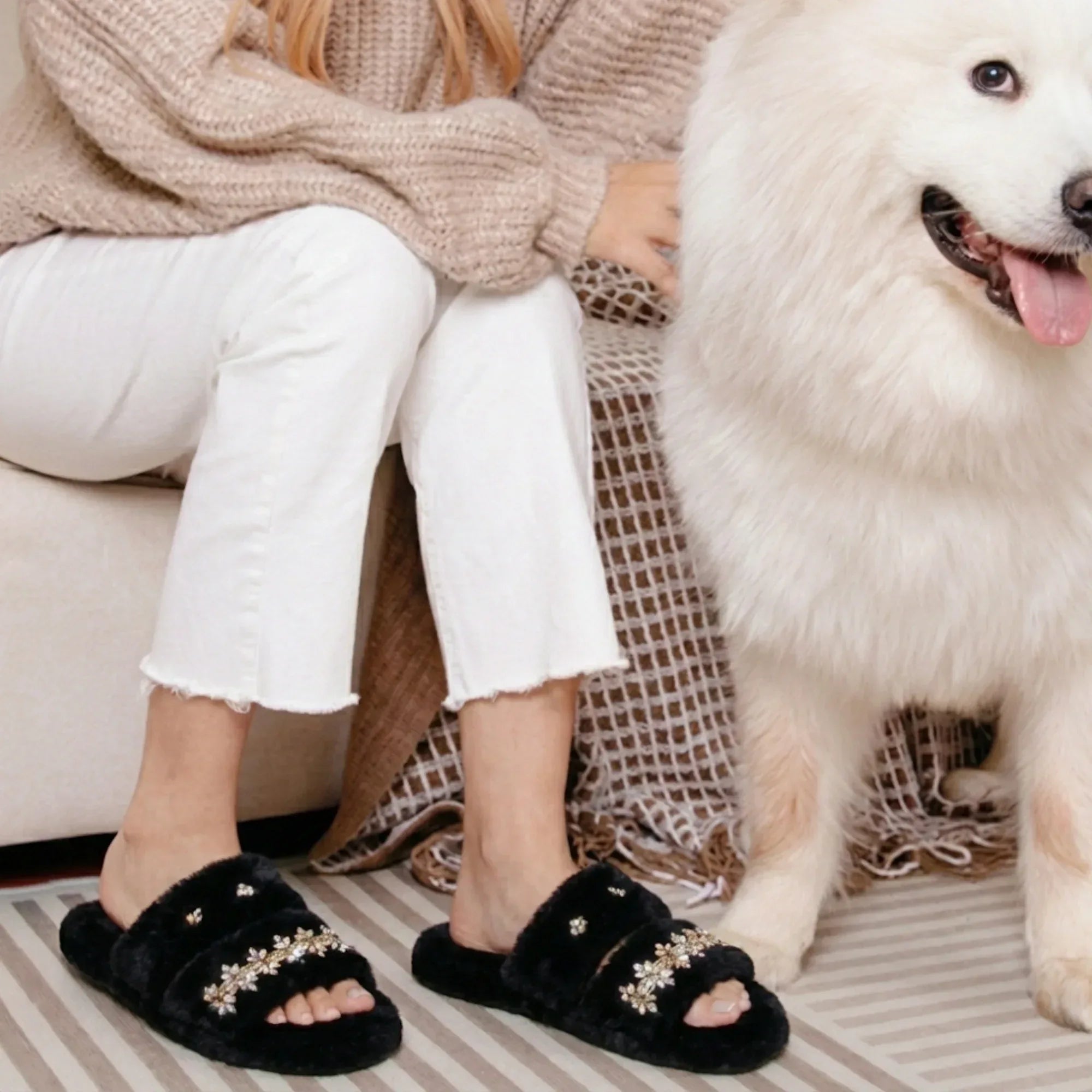 The Faith Black Luxury Fluffy Embellished Slippers