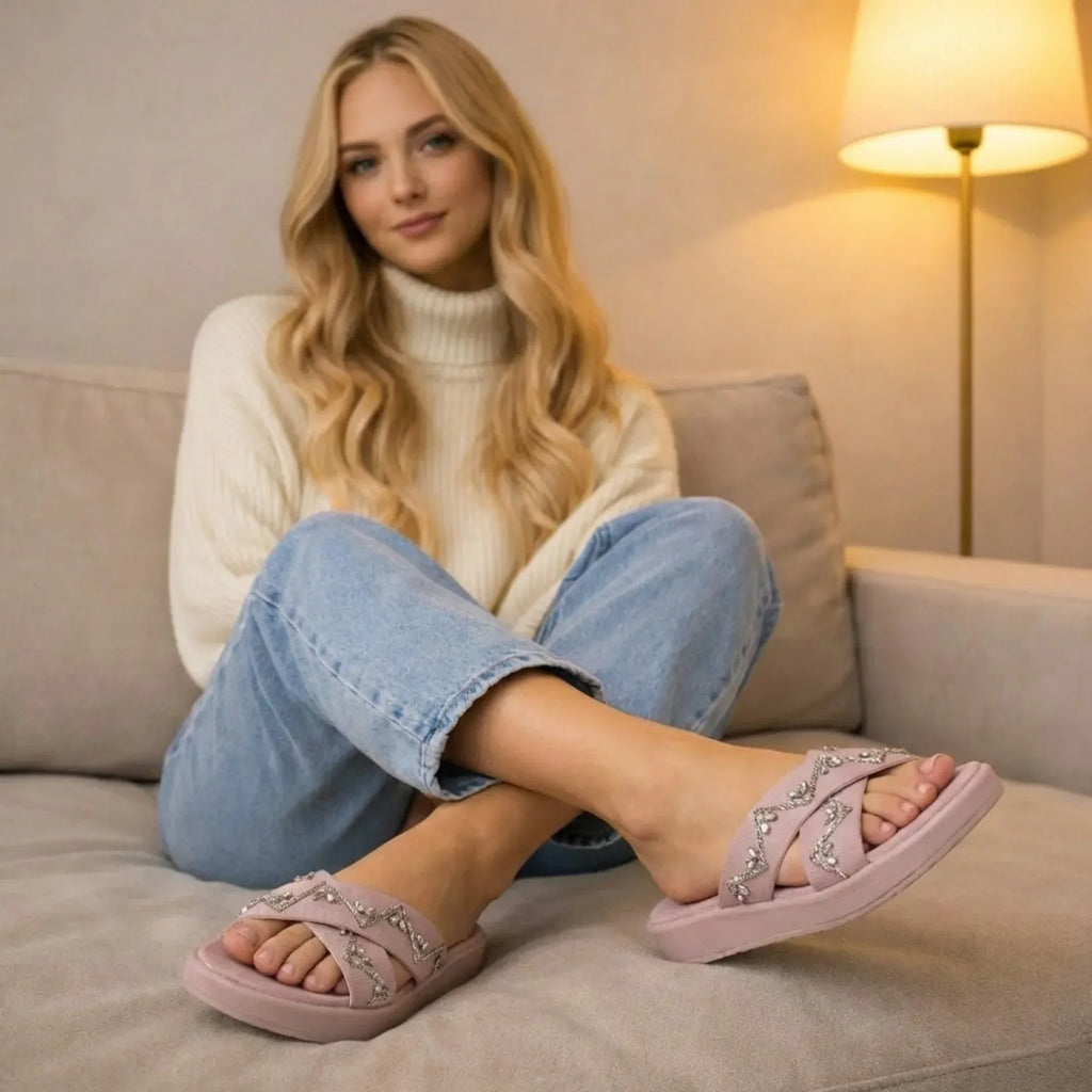 The Soraya Pink Luxury Cross Over Embellished Slides