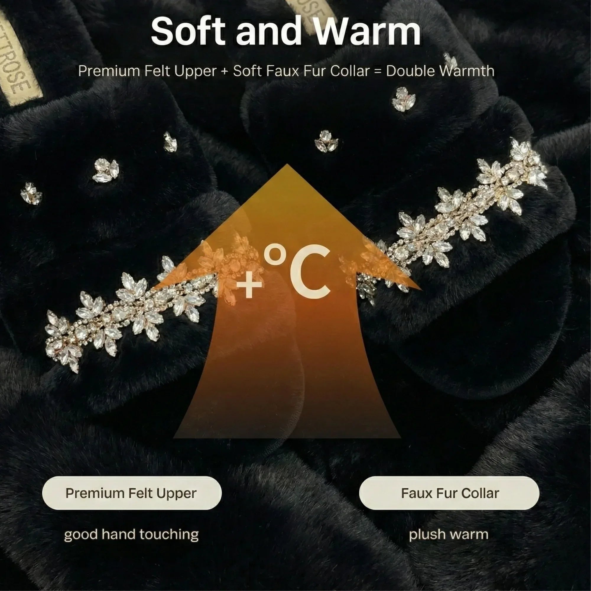 The Faith Black Luxury Fluffy Embellished Slippers