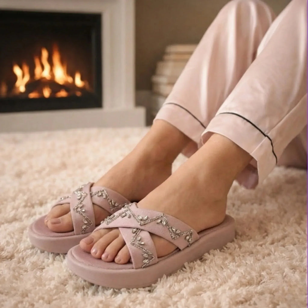 The Soraya Pink Luxury Cross Over Embellished Slides