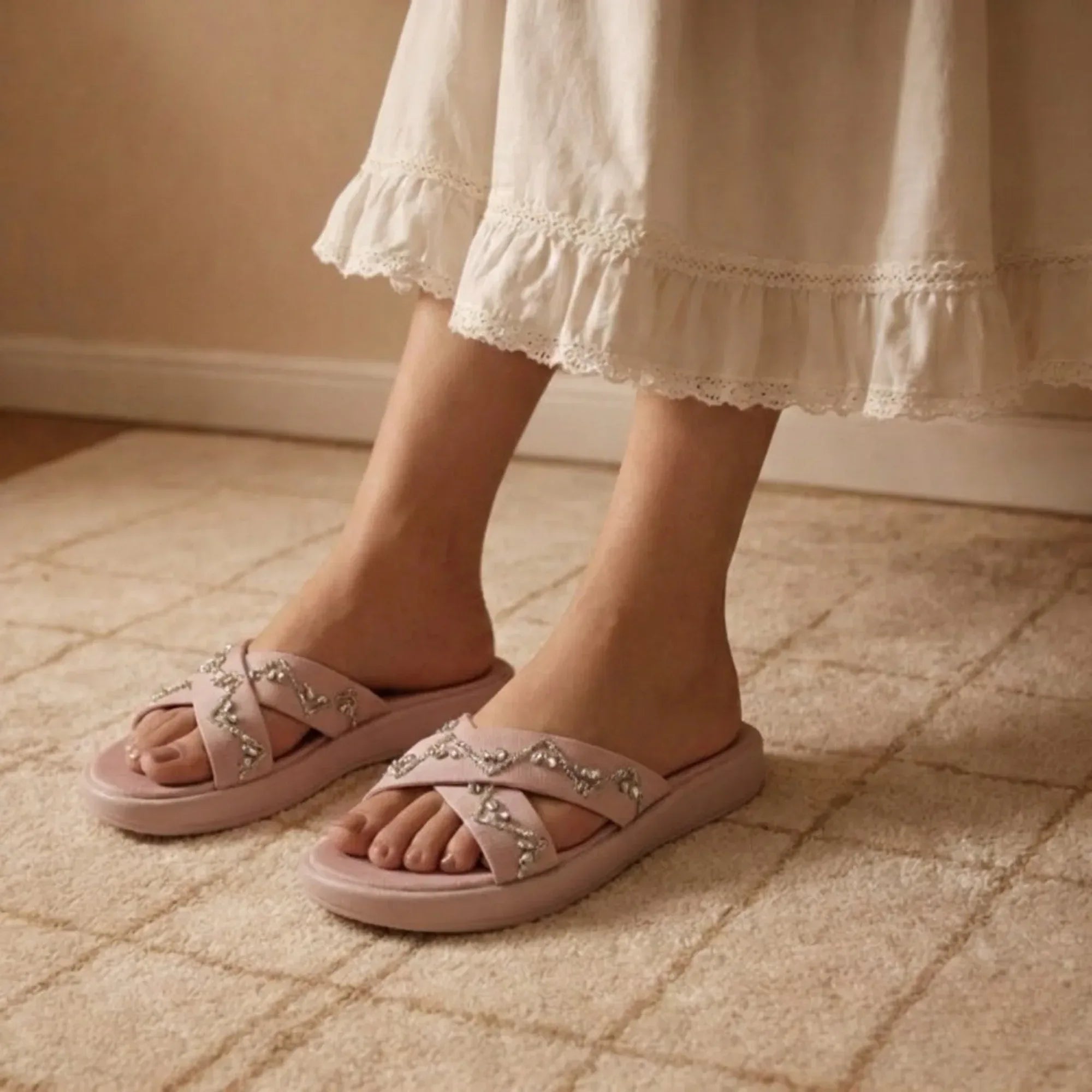 The Soraya Pink Luxury Cross Over Embellished Slides
