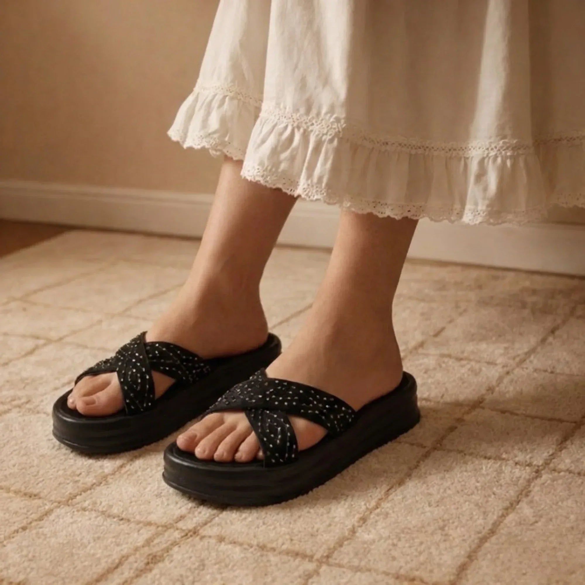 The Shiloh Black Luxury Cross Over Embellished Slides