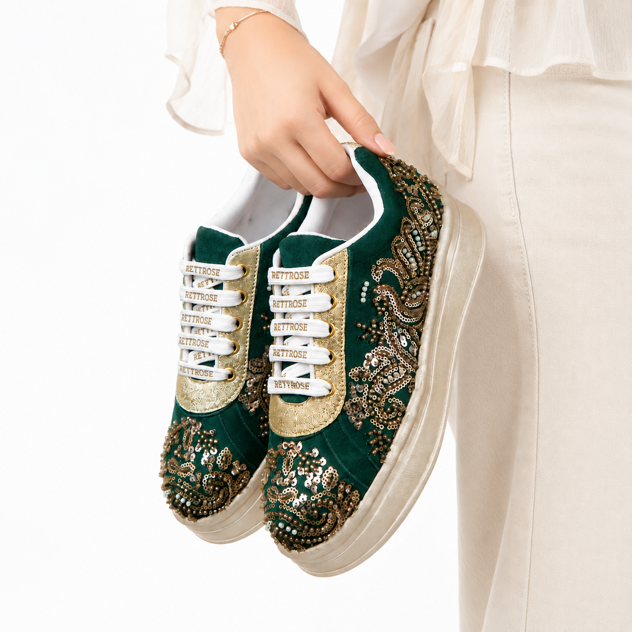 RETTROSE | Bridal Embroidered Sneakers | Wedding Platform  Footwear | Emerald Green
