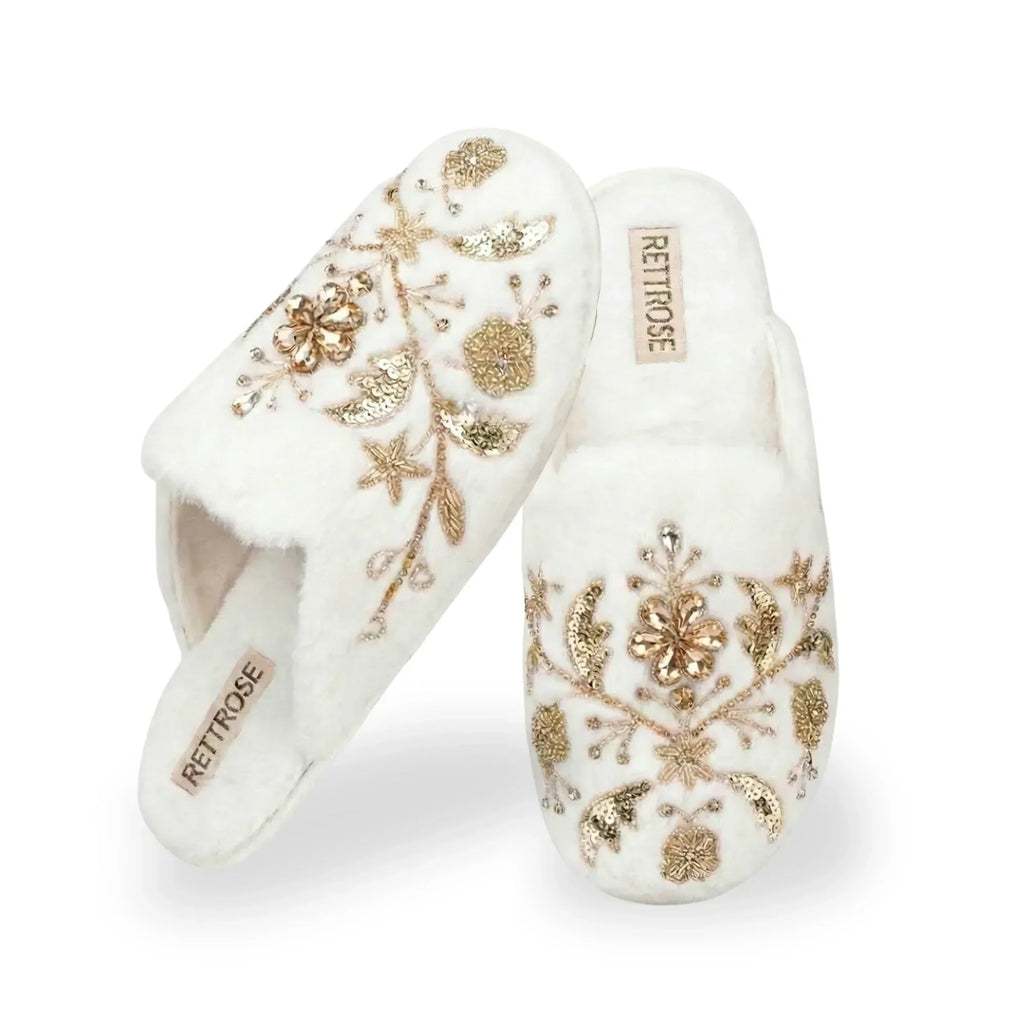 The Annie Cream Luxury Fluffy Embellished Slippers