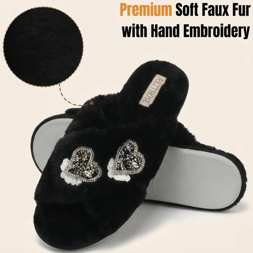 The Katie Black Luxury Plush Diamante Embellished Slippers