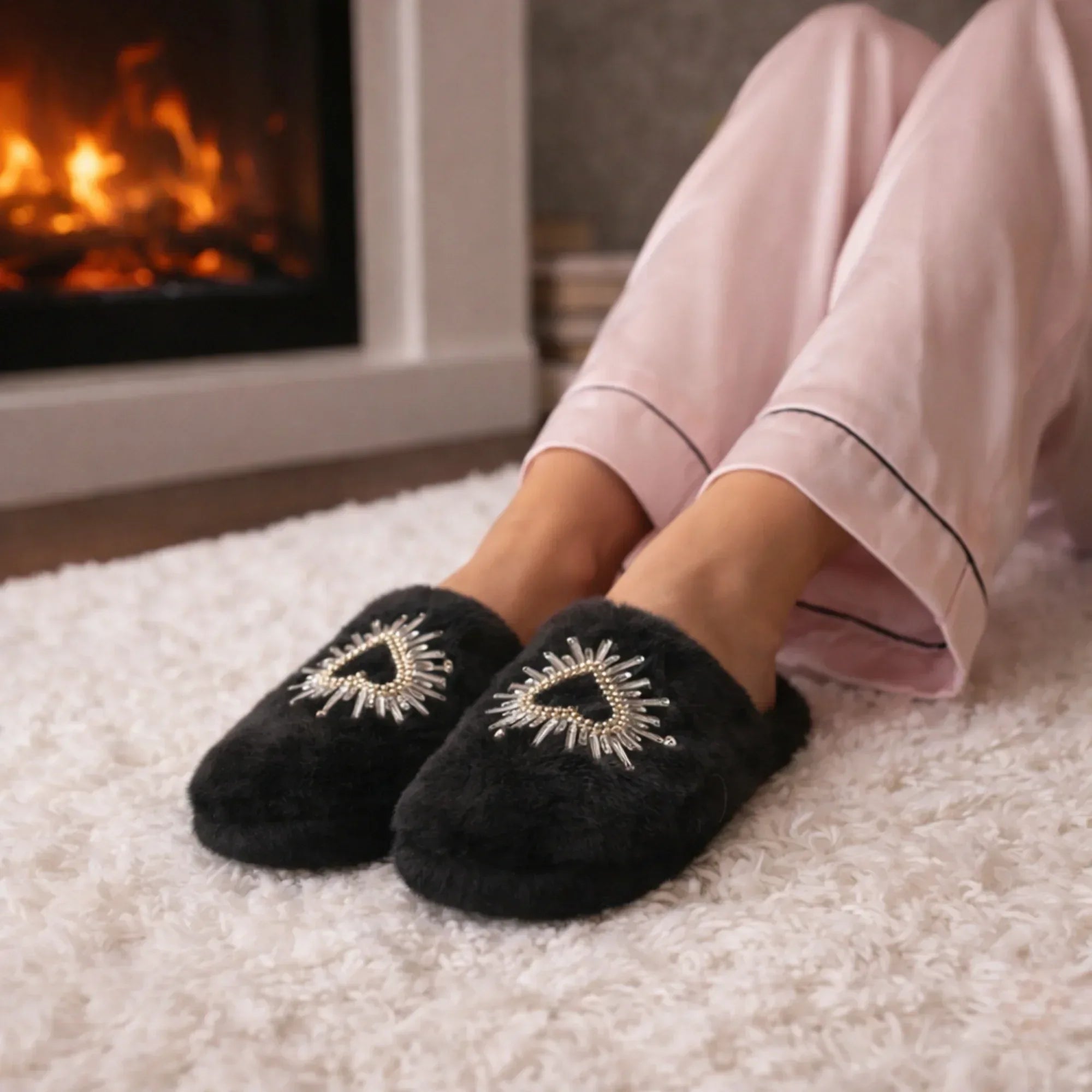 The Noelle Black Luxury Fluffy Embellished Slippers