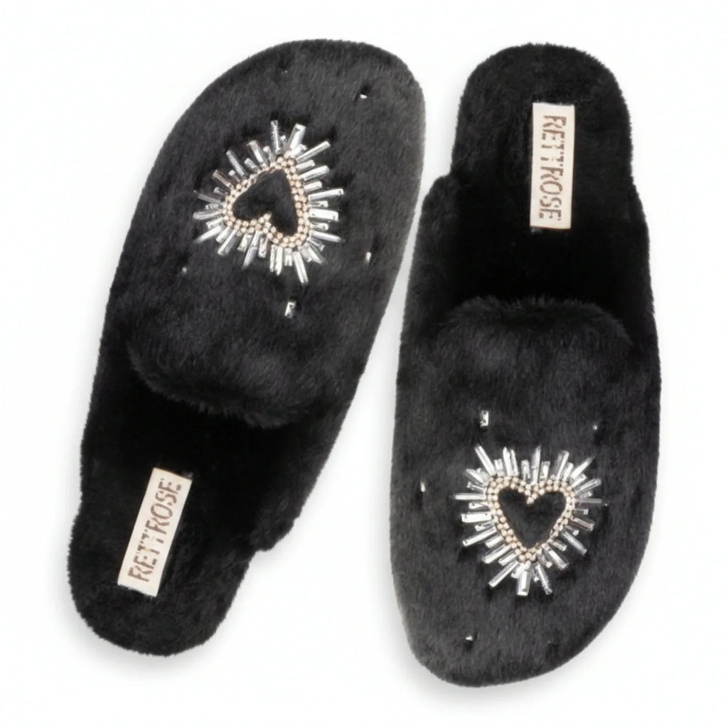 The Noelle Black Luxury Fluffy Embellished Slippers
