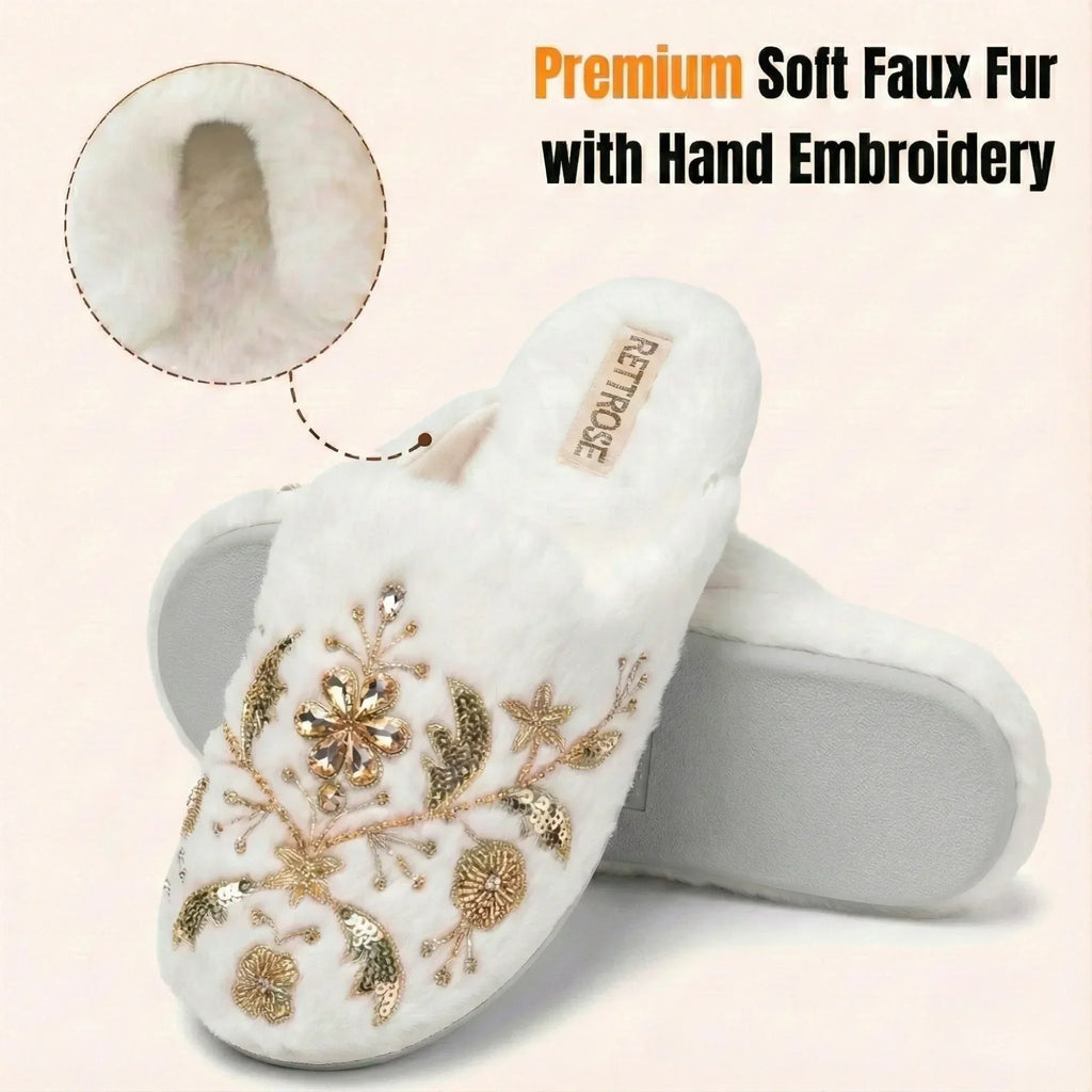 The Annie Cream Luxury Fluffy Embellished Slippers