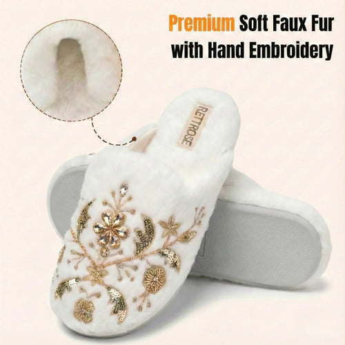 The Annie Cream Luxury Fluffy Embellished Slippers