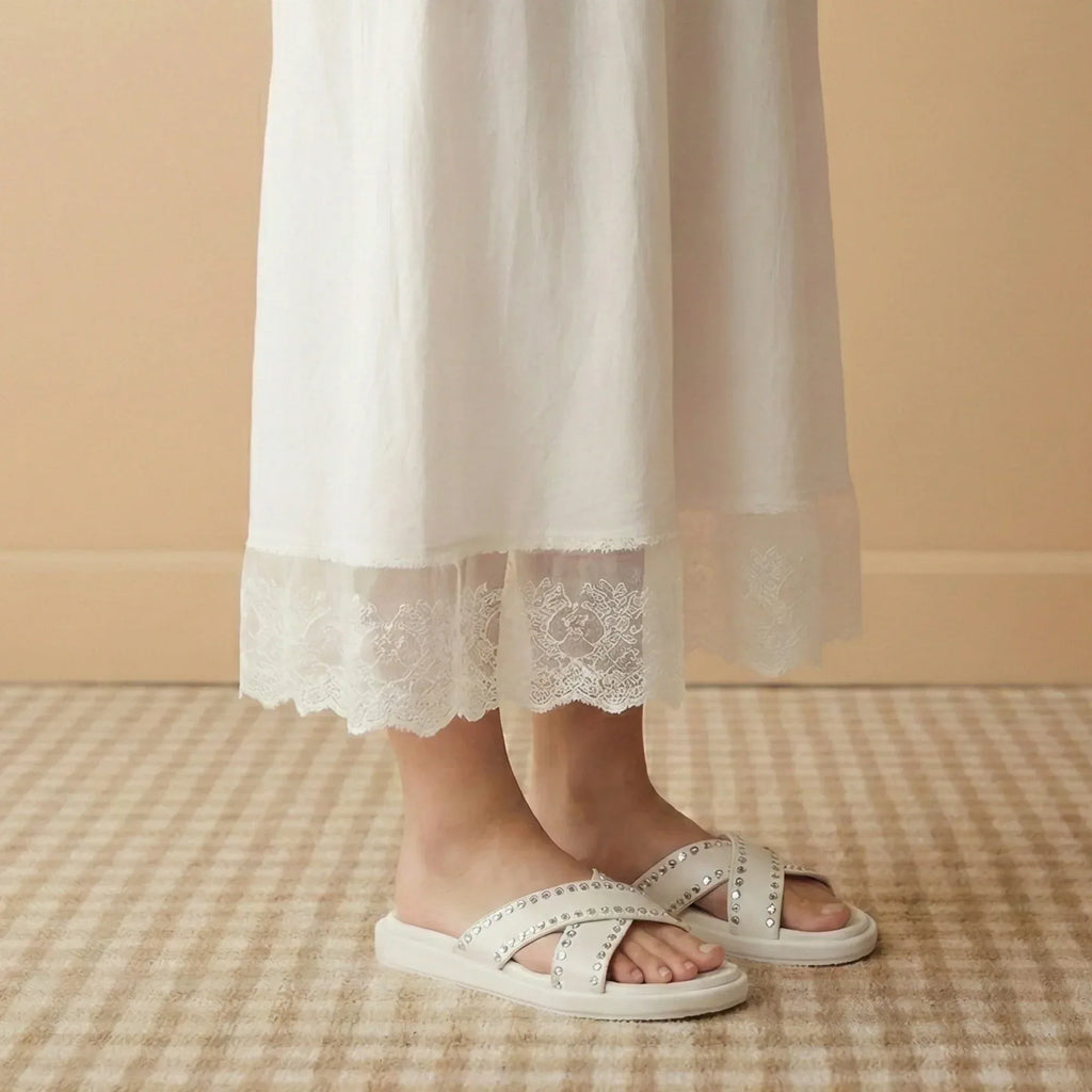 The Willow White Luxury Cross Over Embellished Slides