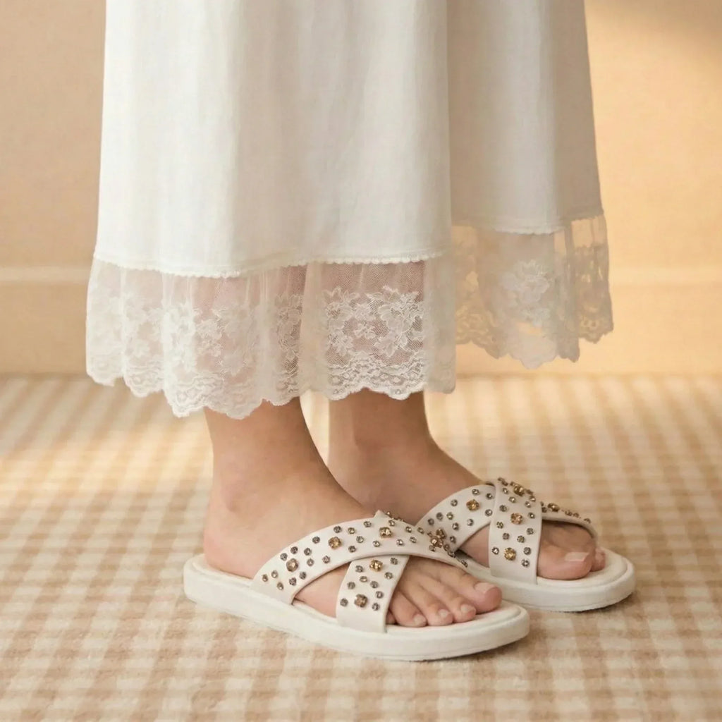 The Aurora White Luxury Cross Over Embellished Slides