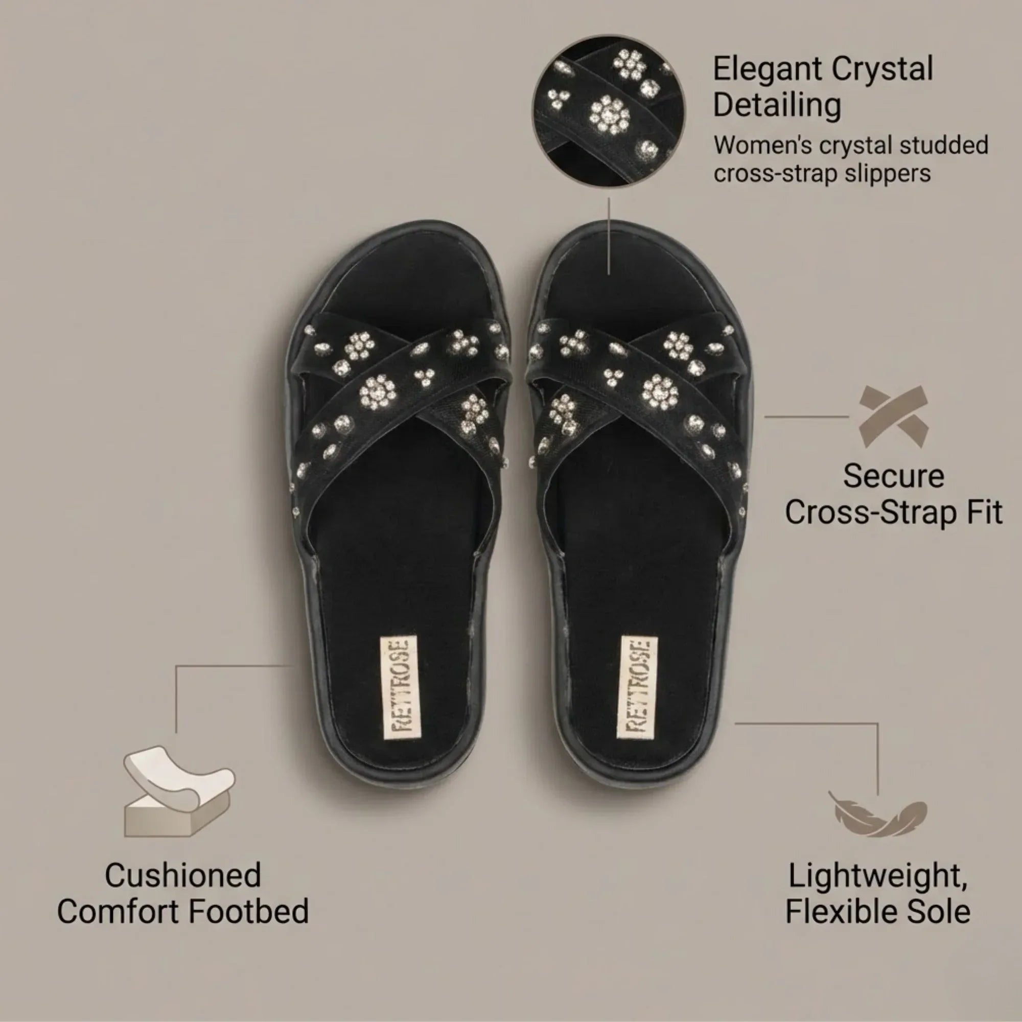 The Giana Black Luxury Cross Over Embellished Slides