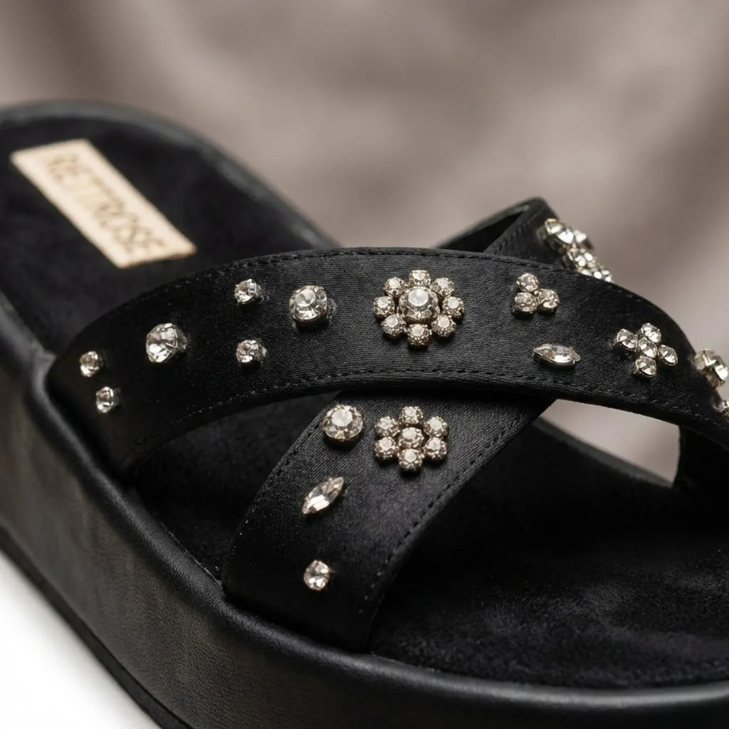 The Giana Black Luxury Cross Over Embellished Slides