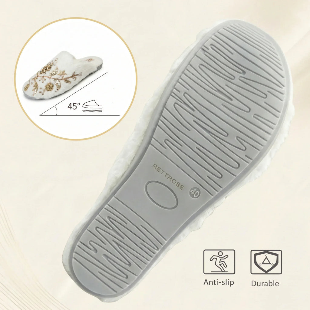 The Annie Cream Luxury Fluffy Embellished Slippers