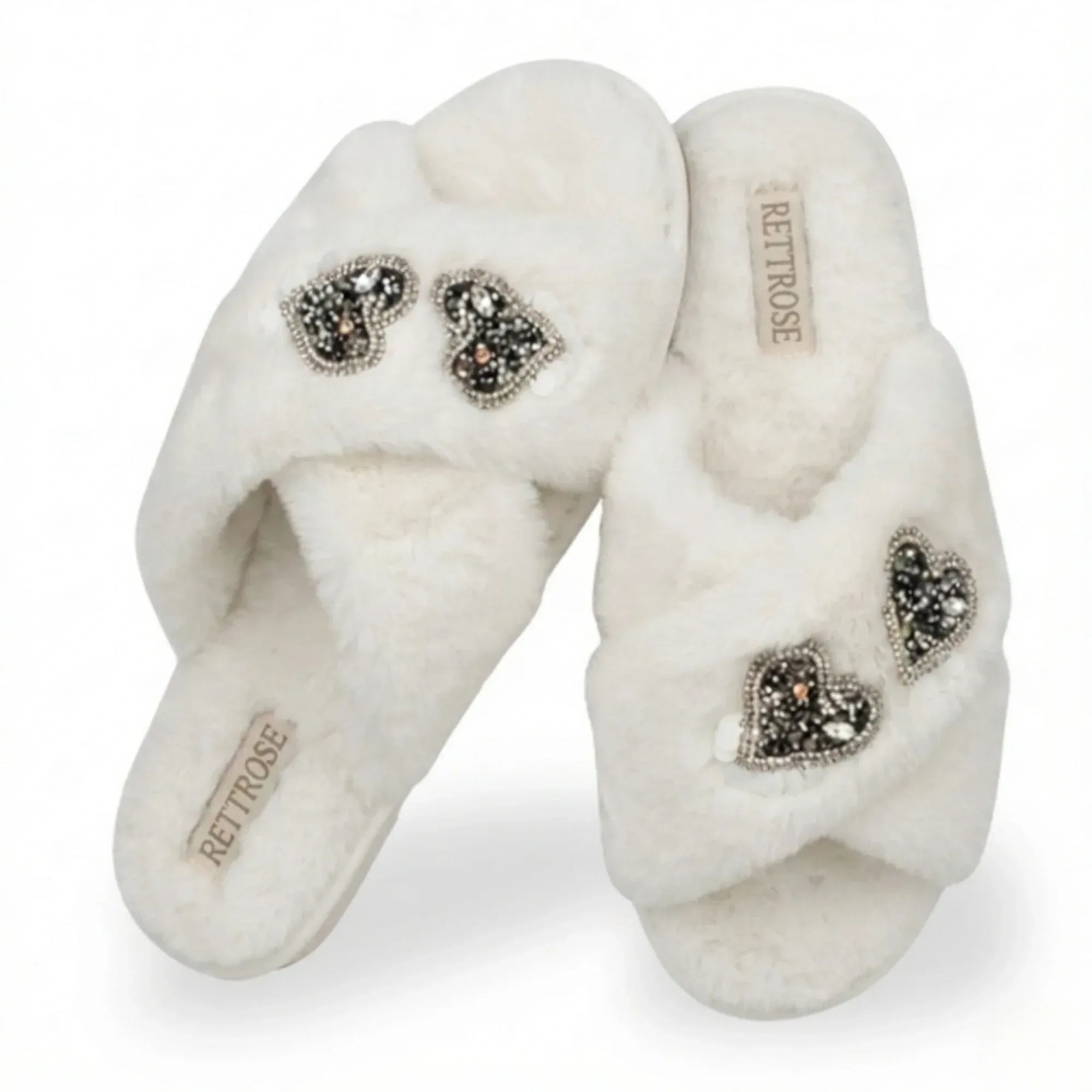The Katie Cream Luxury Plush Diamante Embellished Slippers