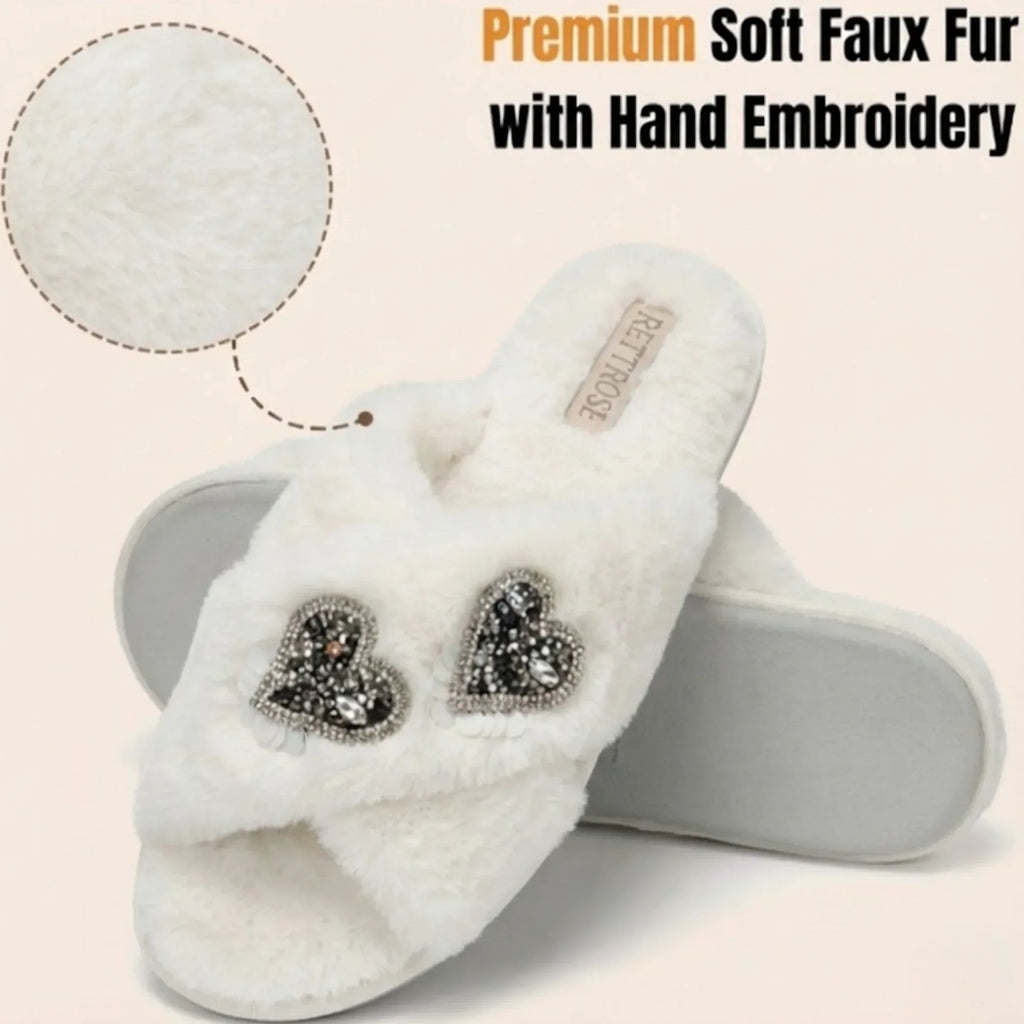 The Katie Cream Luxury Plush Diamante Embellished Slippers