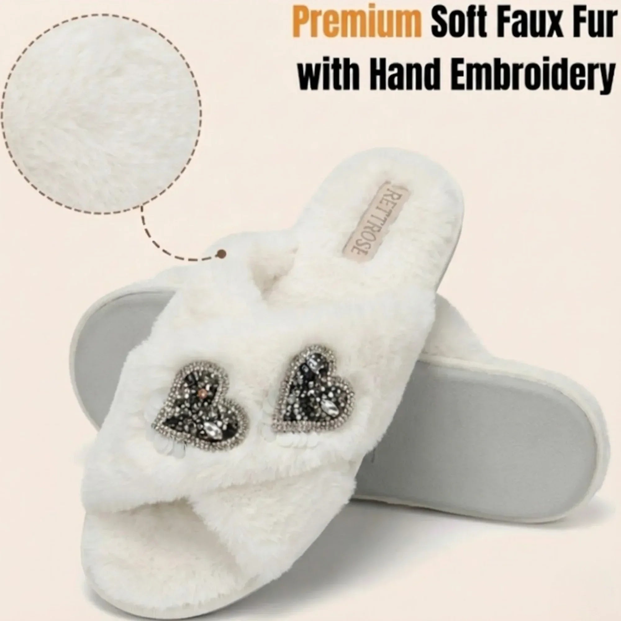 The Katie Cream Luxury Plush Diamante Embellished Slippers