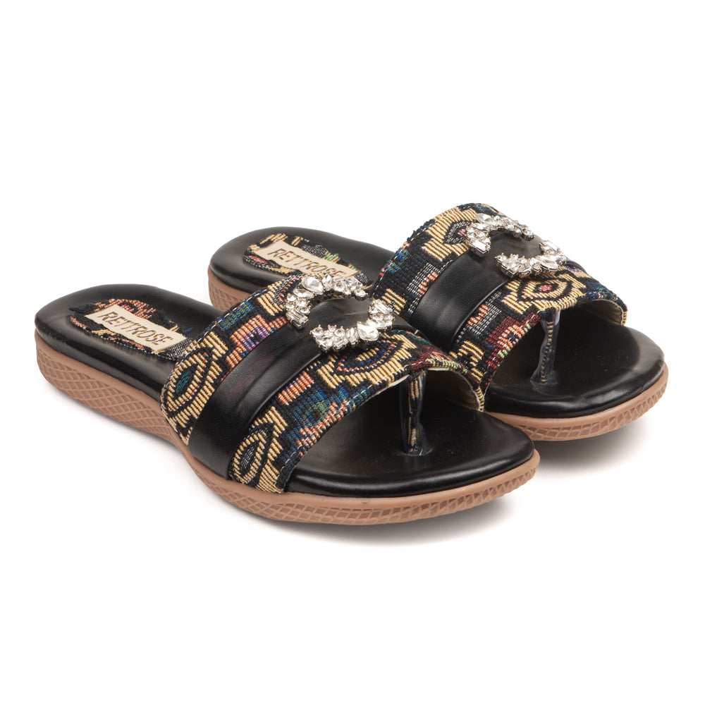 The Baroque Black Jacquard Toe-Post Embellished Slides