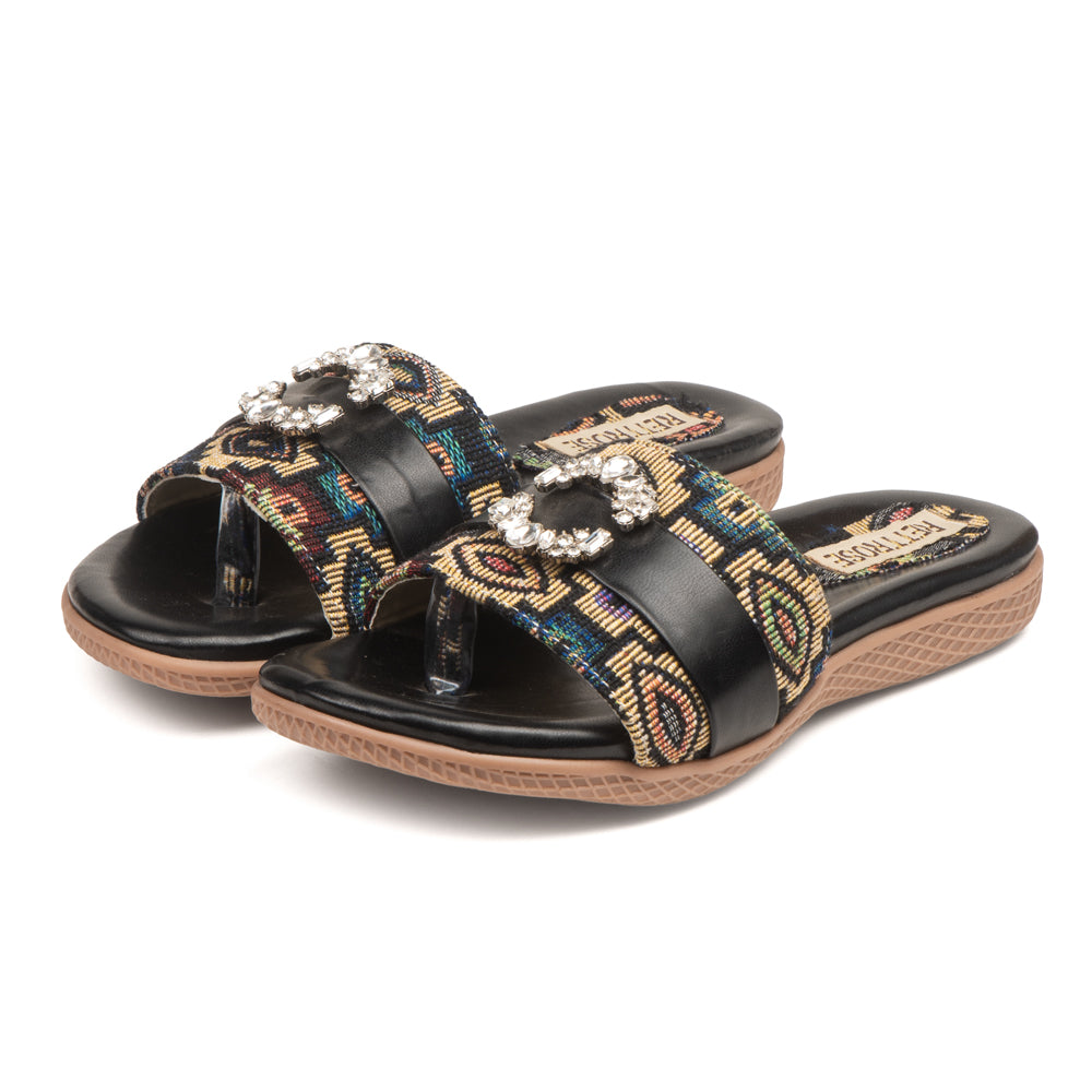 The Baroque Black Jacquard Toe-Post Embellished Slides