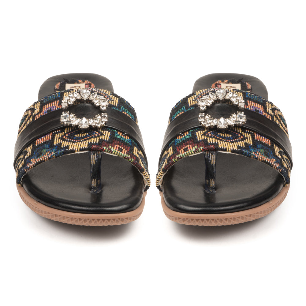 The Baroque Black Jacquard Toe-Post Embellished Slides