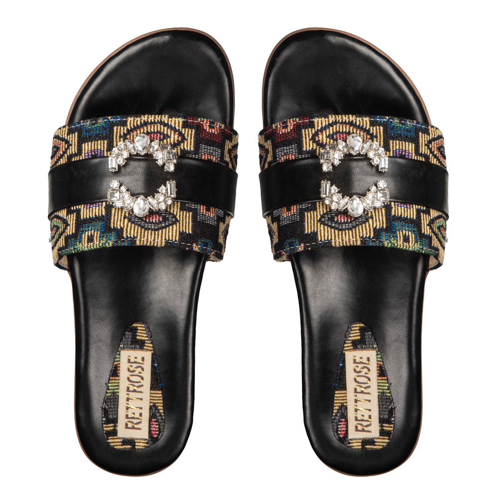 The Baroque Black Jacquard Toe-Post Embellished Slides