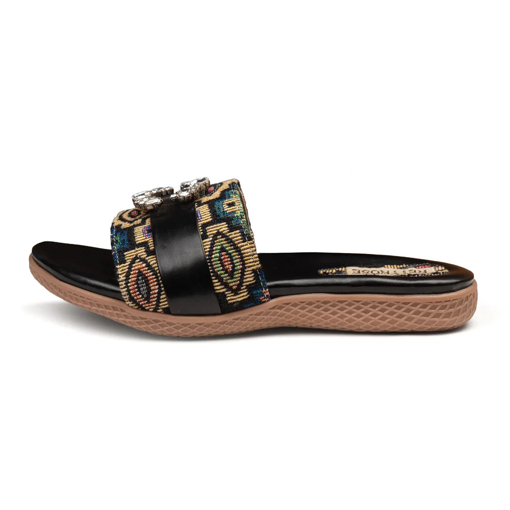 The Baroque Black Jacquard Toe-Post Embellished Slides