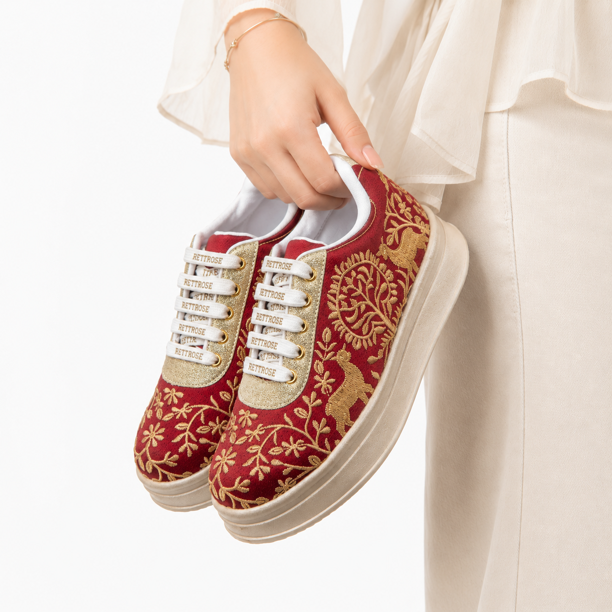 RETTROSE | Deer Motif Embroidered Ethnic Sneakers | Indian  Wedding & Festive Wear Shoes | Handcrafted Platform Footwear |Maroon