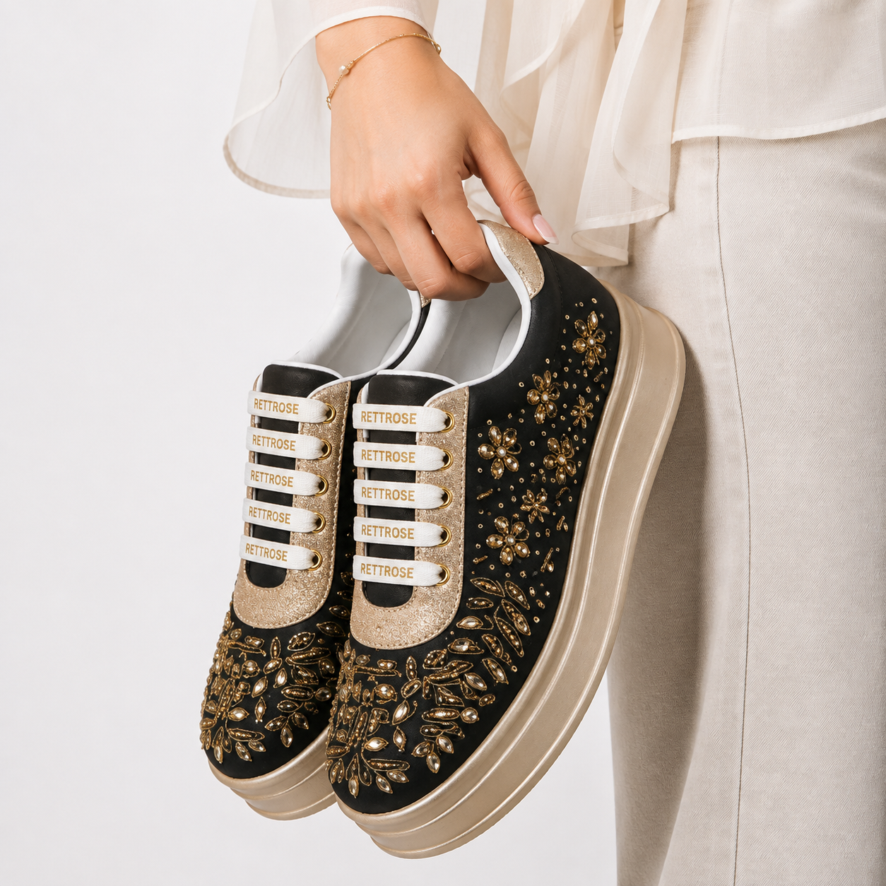 The Odette Luxury Golden Flora Embellished Trainer