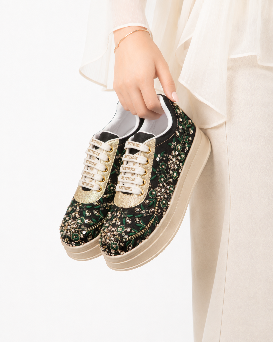 RETTROSE |Garden Bloom Embroidered Sneakers | Designer  Wedding Footwear | Handcrafted Party Shoes