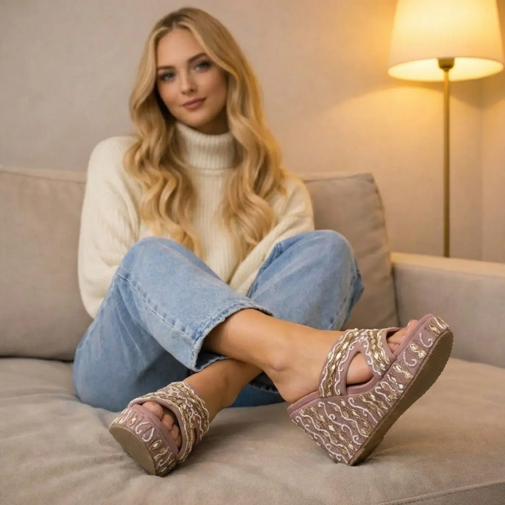 The Ruth Nude Hand Embellished Luxury Wedge Shoe