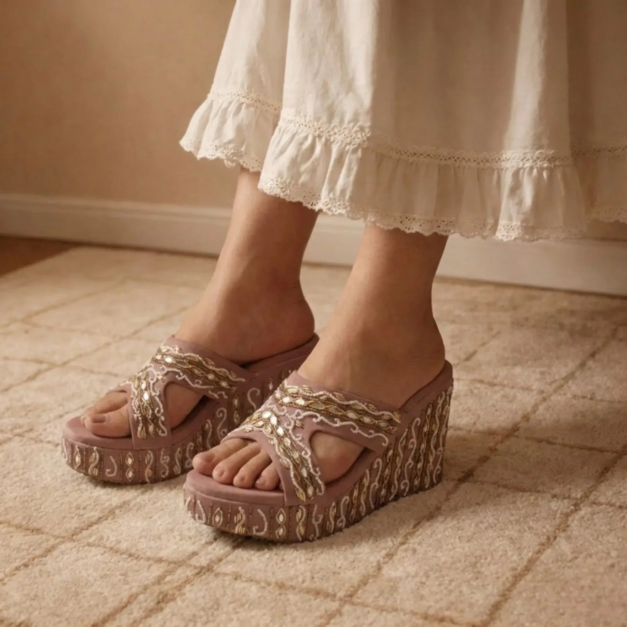 The Ruth Nude Hand Embellished Luxury Wedge Shoe