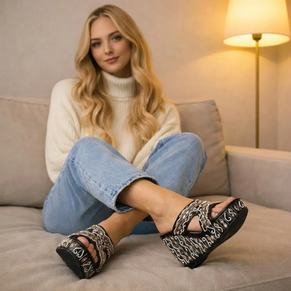 The Ruth Black Hand Embellished Luxury Wedge Shoe