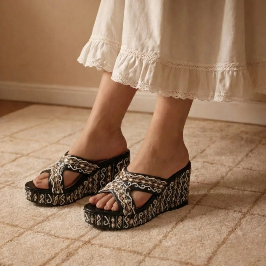 The Ruth Black Hand Embellished Luxury Wedge Shoe